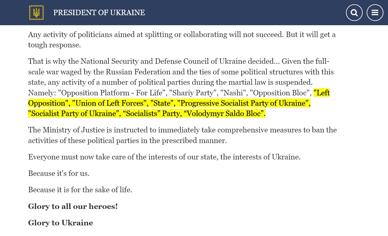 Ukraine Zelensky banned socialist parties