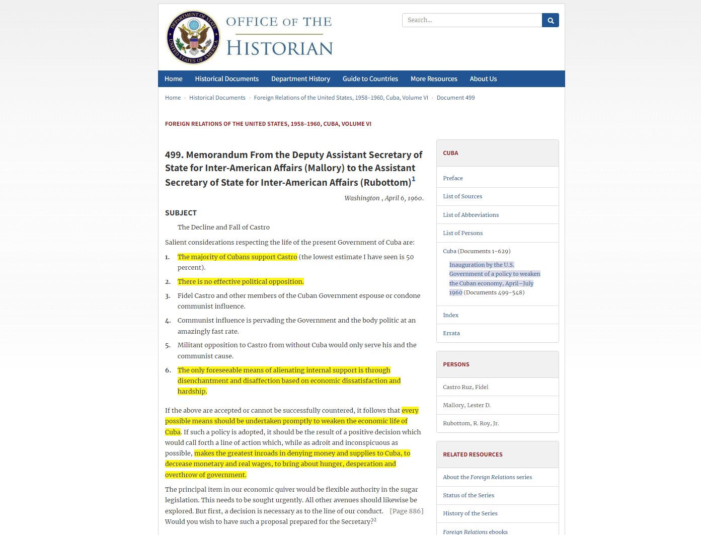 US State Department Cuba blockade memo hunger desperation